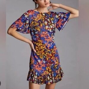 Anthropologie Ruffled Satin Floral Mini Dress